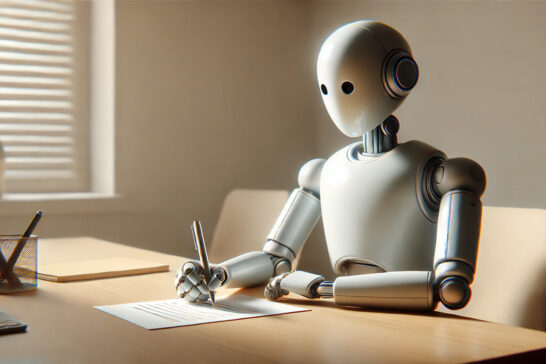 Robot writing at desk